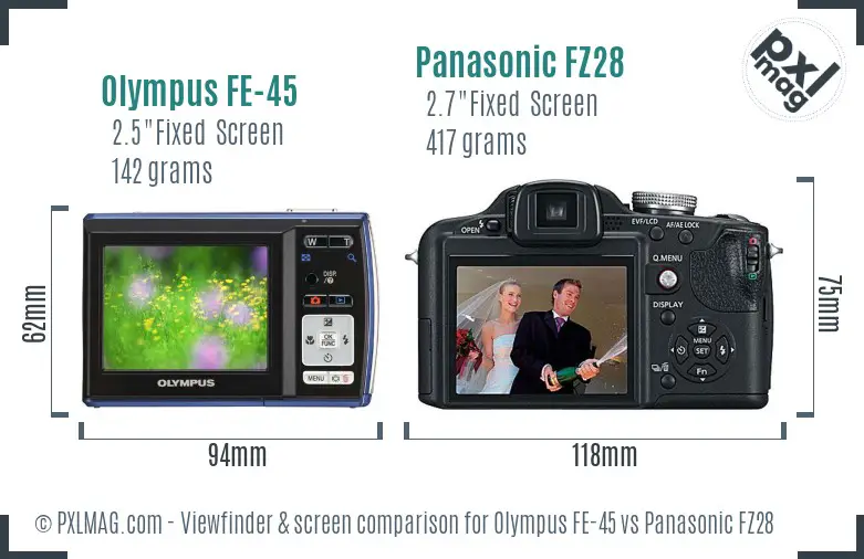 Olympus FE-45 vs Panasonic FZ28 Screen and Viewfinder comparison