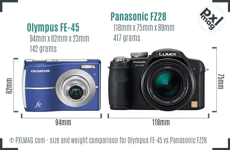 Olympus FE-45 vs Panasonic FZ28 size comparison