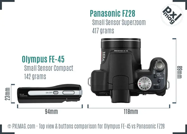 Olympus FE-45 vs Panasonic FZ28 top view buttons comparison