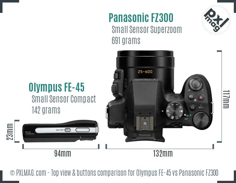 Olympus FE-45 vs Panasonic FZ300 top view buttons comparison