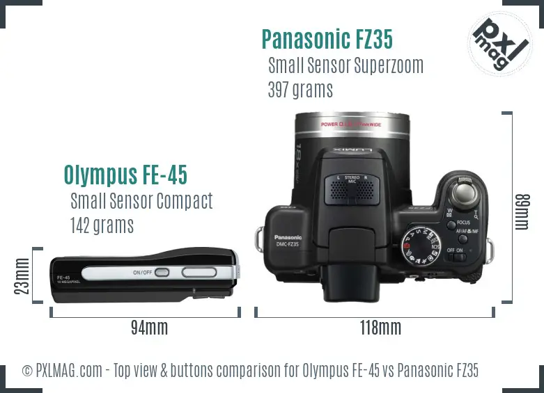 Olympus FE-45 vs Panasonic FZ35 top view buttons comparison