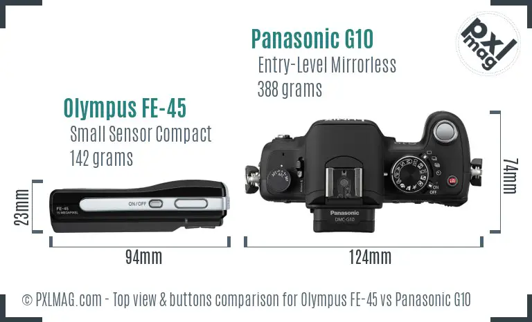 Olympus FE-45 vs Panasonic G10 top view buttons comparison
