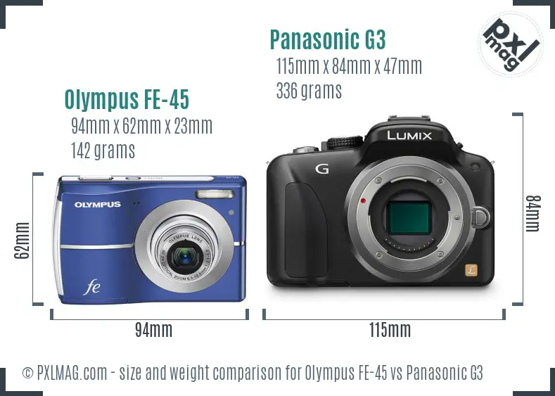 Olympus FE-45 vs Panasonic G3 size comparison