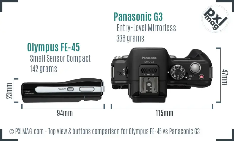 Olympus FE-45 vs Panasonic G3 top view buttons comparison