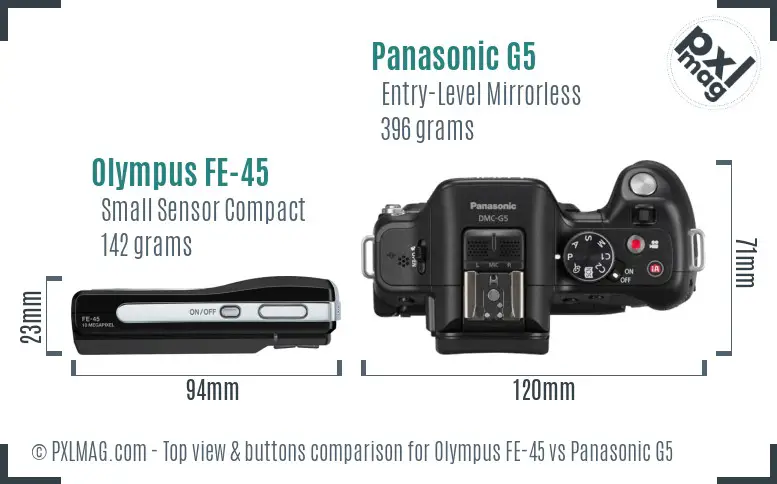 Olympus FE-45 vs Panasonic G5 top view buttons comparison