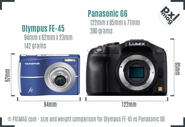 Olympus FE-45 vs Panasonic G6 size comparison