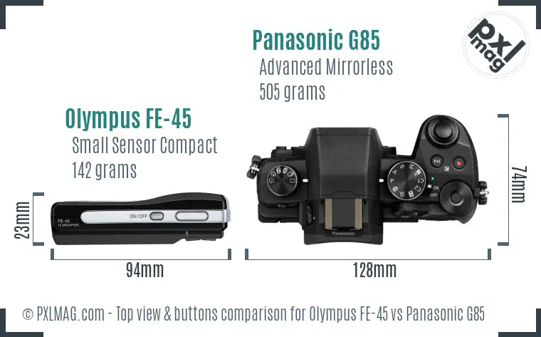 Olympus FE-45 vs Panasonic G85 top view buttons comparison