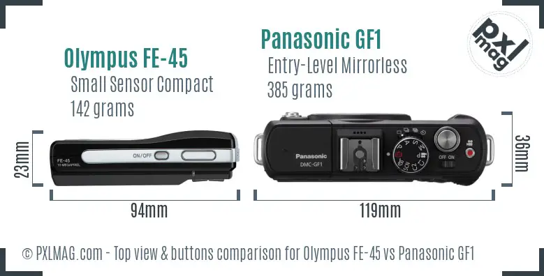 Olympus FE-45 vs Panasonic GF1 top view buttons comparison