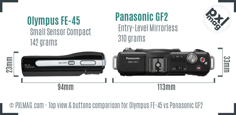 Olympus FE-45 vs Panasonic GF2 top view buttons comparison