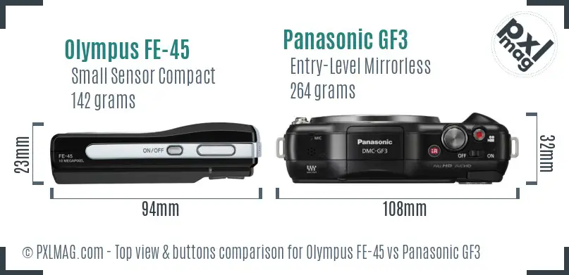 Olympus FE-45 vs Panasonic GF3 top view buttons comparison