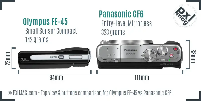 Olympus FE-45 vs Panasonic GF6 top view buttons comparison