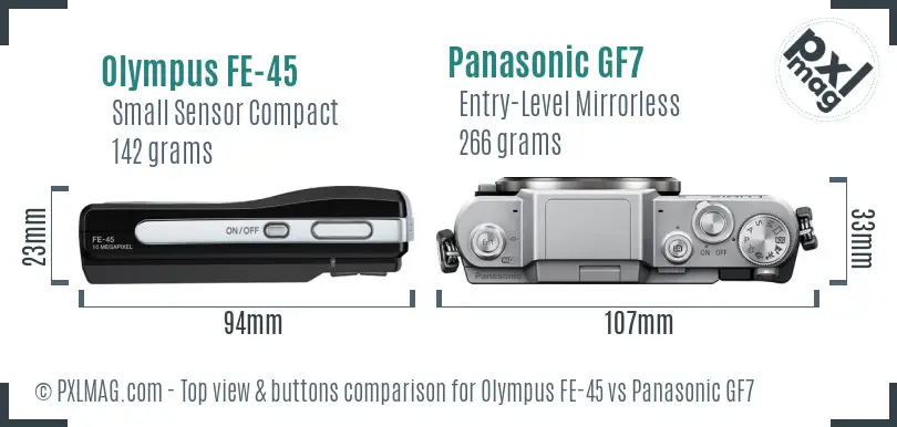 Olympus FE-45 vs Panasonic GF7 top view buttons comparison