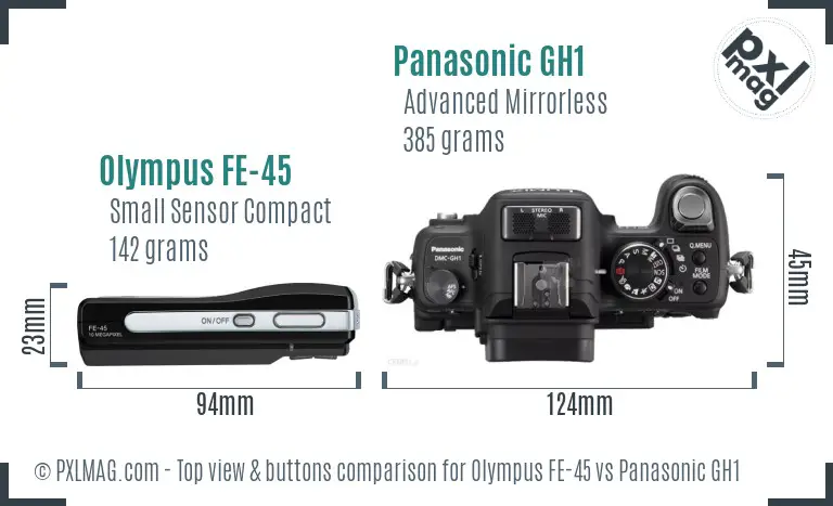 Olympus FE-45 vs Panasonic GH1 top view buttons comparison