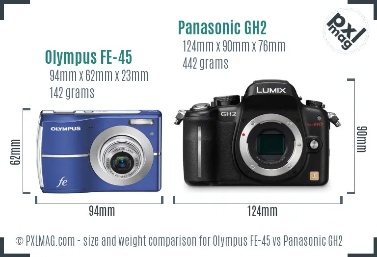 Olympus FE-45 vs Panasonic GH2 size comparison