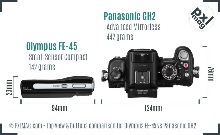 Olympus FE-45 vs Panasonic GH2 top view buttons comparison