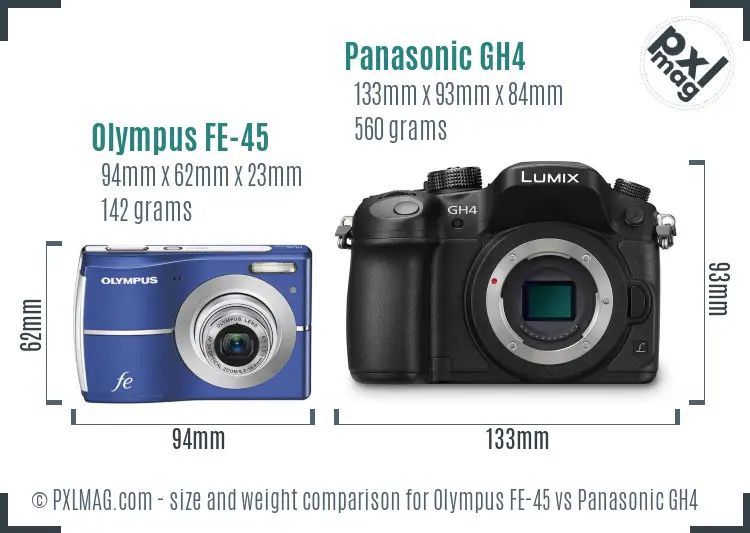 Olympus FE-45 vs Panasonic GH4 size comparison