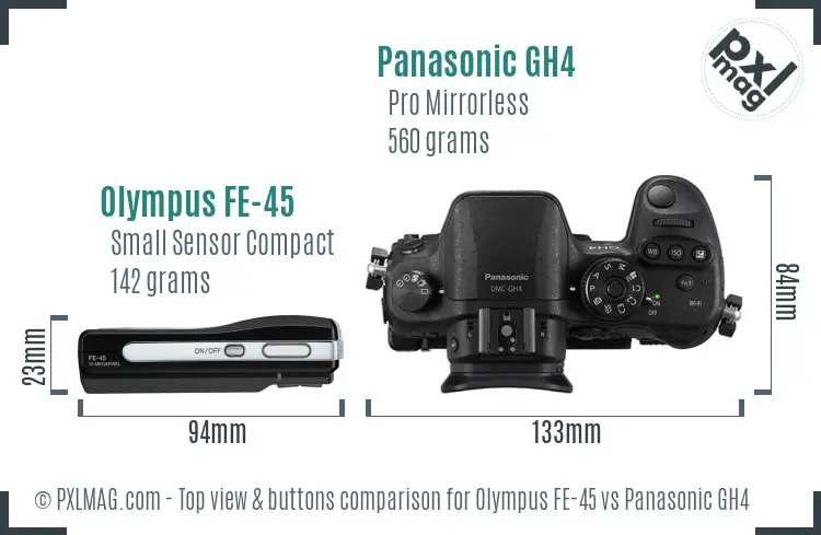 Olympus FE-45 vs Panasonic GH4 top view buttons comparison