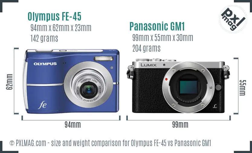 Olympus FE-45 vs Panasonic GM1 size comparison