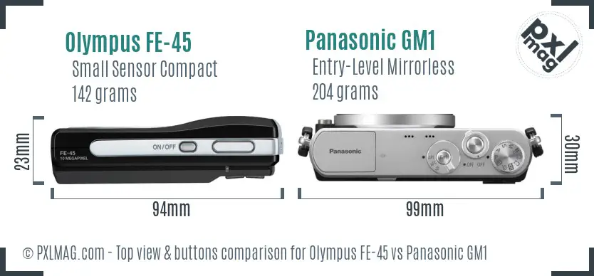 Olympus FE-45 vs Panasonic GM1 top view buttons comparison