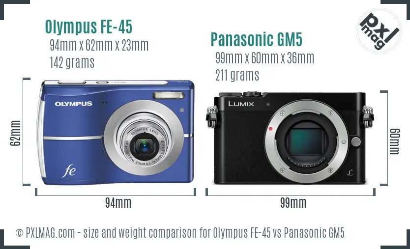 Olympus FE-45 vs Panasonic GM5 size comparison