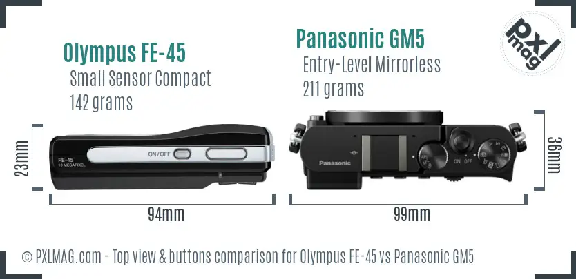 Olympus FE-45 vs Panasonic GM5 top view buttons comparison