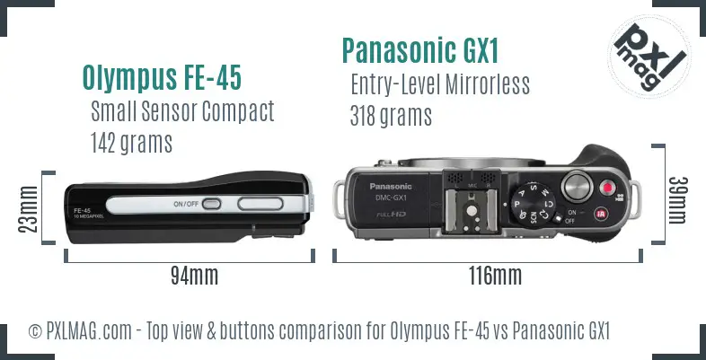 Olympus FE-45 vs Panasonic GX1 top view buttons comparison