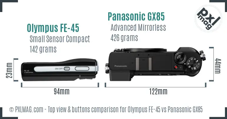 Olympus FE-45 vs Panasonic GX85 top view buttons comparison