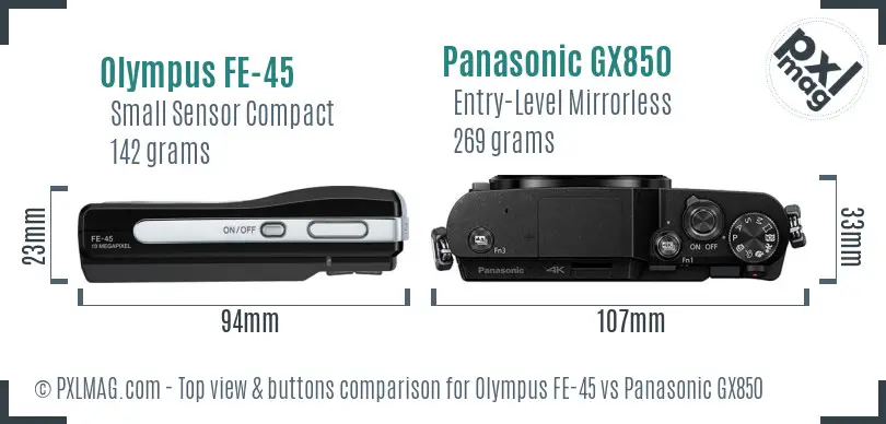 Olympus FE-45 vs Panasonic GX850 top view buttons comparison Olympus FE-45 vs Panasonic GX850 top view buttons comparison