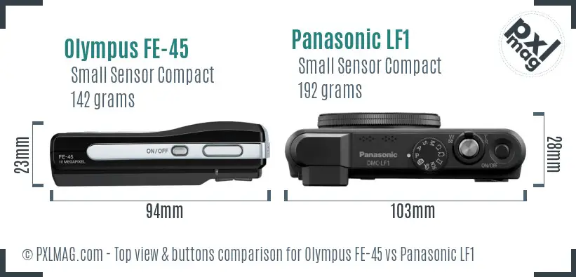 Olympus FE-45 vs Panasonic LF1 top view buttons comparison