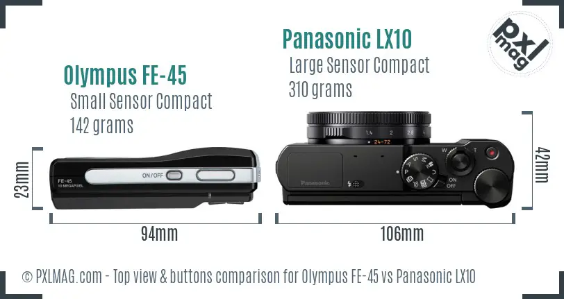 Olympus FE-45 vs Panasonic LX10 top view buttons comparison