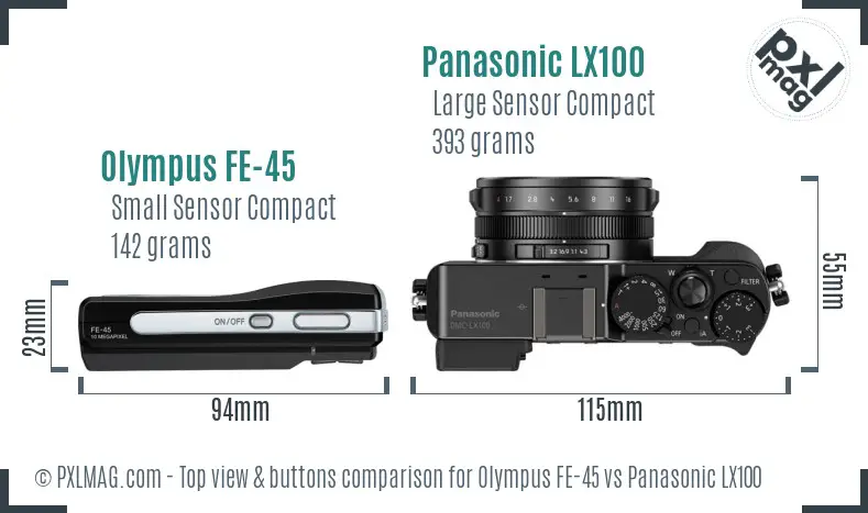 Olympus FE-45 vs Panasonic LX100 top view buttons comparison Olympus FE-45 vs Panasonic LX100 top view buttons comparison