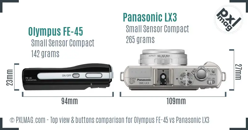 Olympus FE-45 vs Panasonic LX3 top view buttons comparison Olympus FE-45 vs Panasonic LX3 top view buttons comparison