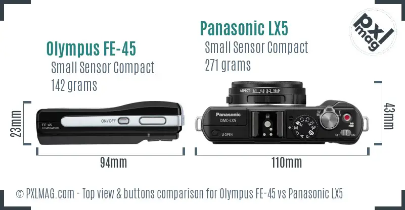 Olympus FE-45 vs Panasonic LX5 top view buttons comparison