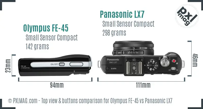 Olympus FE-45 vs Panasonic LX7 top view buttons comparison