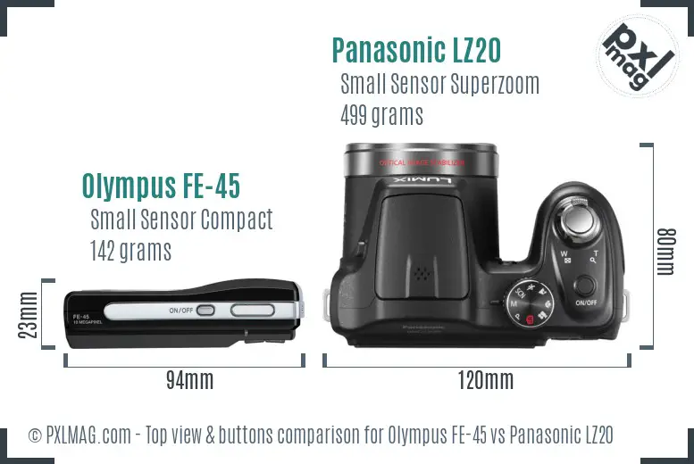 Olympus FE-45 vs Panasonic LZ20 top view buttons comparison