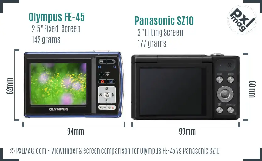 Olympus FE-45 vs Panasonic SZ10 Screen and Viewfinder comparison