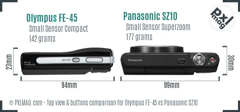Olympus FE-45 vs Panasonic SZ10 top view buttons comparison