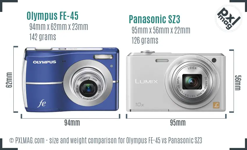 Olympus FE-45 vs Panasonic SZ3 size comparison