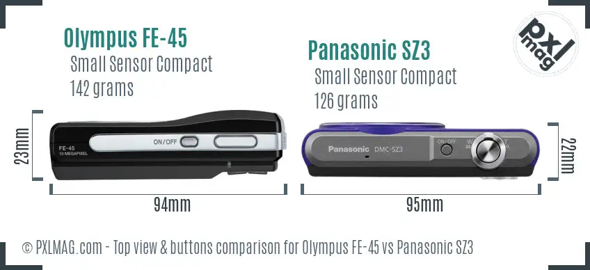 Olympus FE-45 vs Panasonic SZ3 top view buttons comparison