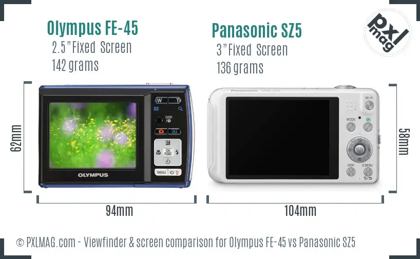 Olympus FE-45 vs Panasonic SZ5 Screen and Viewfinder comparison