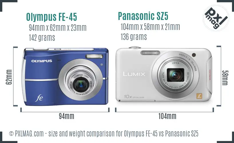 Olympus FE-45 vs Panasonic SZ5 size comparison