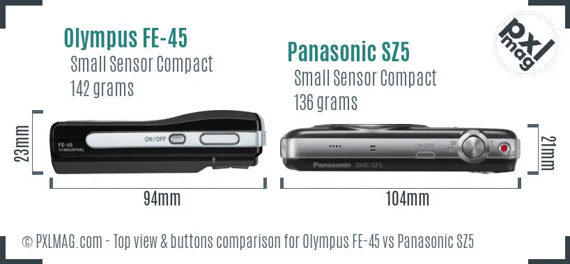 Olympus FE-45 vs Panasonic SZ5 top view buttons comparison