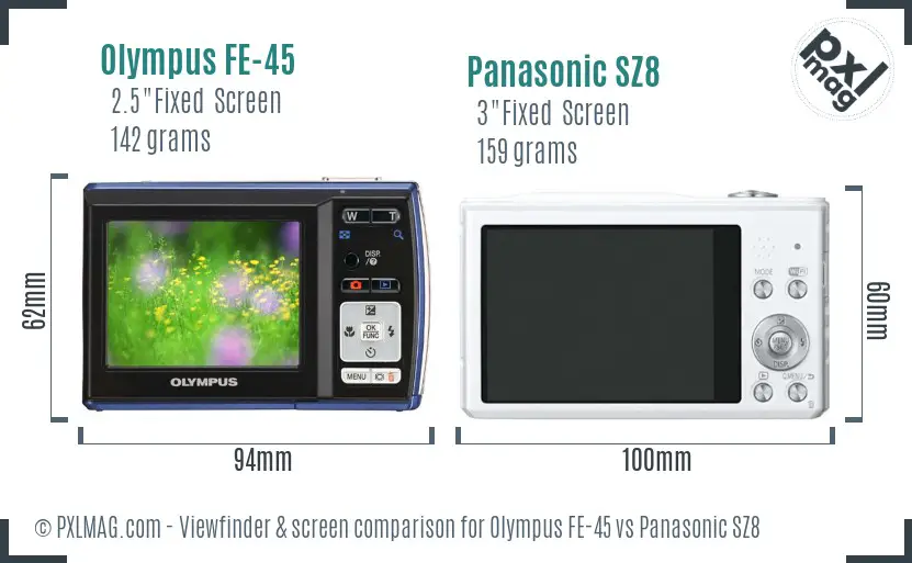 Olympus FE-45 vs Panasonic SZ8 Screen and Viewfinder comparison