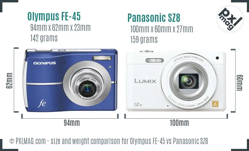 Olympus FE-45 vs Panasonic SZ8 size comparison