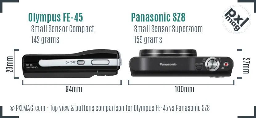 Olympus FE-45 vs Panasonic SZ8 top view buttons comparison