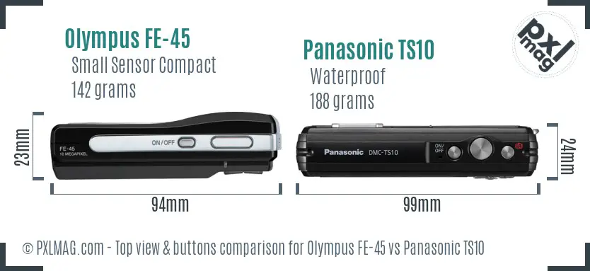 Olympus FE-45 vs Panasonic TS10 top view buttons comparison