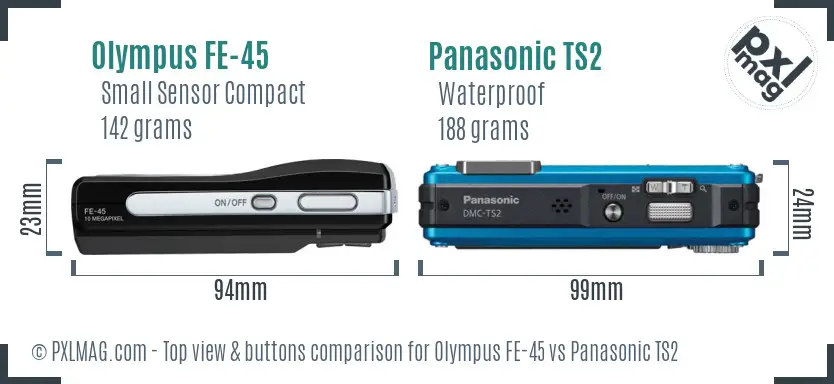 Olympus FE-45 vs Panasonic TS2 top view buttons comparison