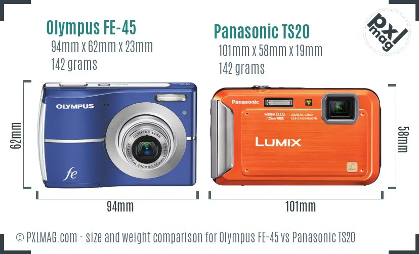 Olympus FE-45 vs Panasonic TS20 size comparison