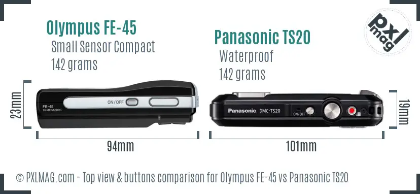 Olympus FE-45 vs Panasonic TS20 top view buttons comparison