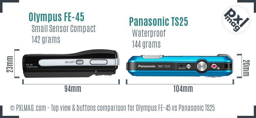 Olympus FE-45 vs Panasonic TS25 top view buttons comparison